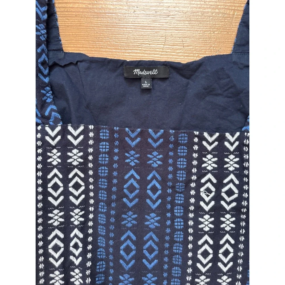 Madewell Peplum Top Women Blue‎ Geometric Boho Square Neck Puff Sleeve SIZE L